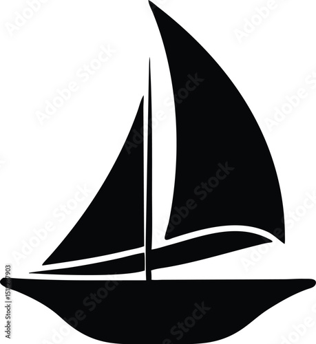Black and White of a Simple Sailboat with Two Sails and Mast on Water