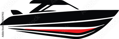 Sleek Black Speedboat Illustration with Red Accent Stripes Isolated on White Background