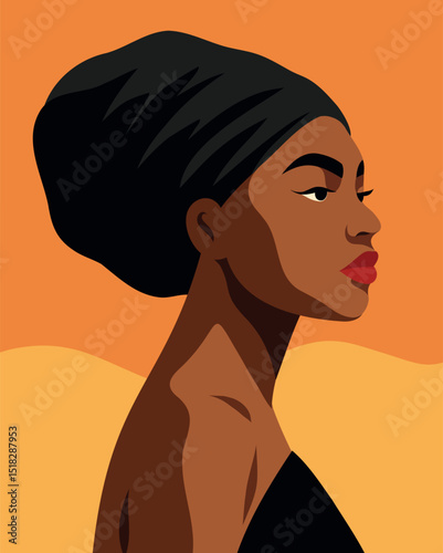Portrait avatar of black african girl with turban. Side pose. Beautiful headband. African woman. Women's day poster. Vector flat illustration