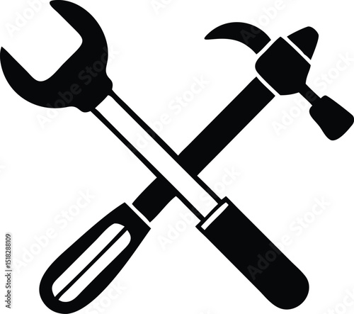 Black and White of Crossed Hammer and Wrench Representing Repair Work