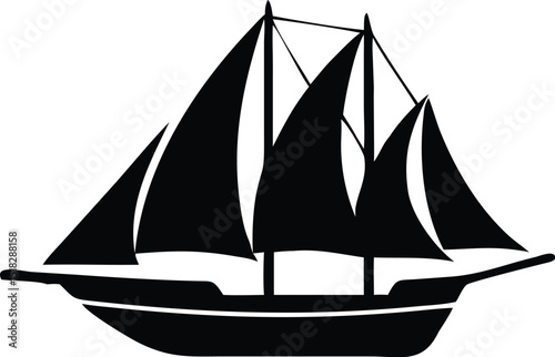 Black Silhouette Illustration of a Classic ThreeMasted Sailing Ship on White Background