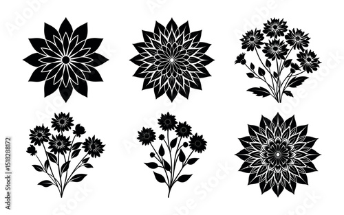 Assorted flower silhouettes isolated on a white background