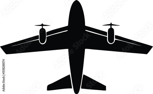 Black Airplane Silhouette Aerial View of TwinEngine Aircraft on White Background