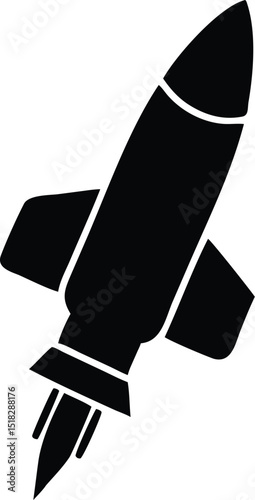 Black Silhouette of a Rocket Launching Upwards on a White Background