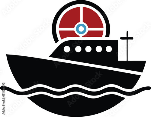 Black fishing boat icon with red and blue detail floating on water graphic