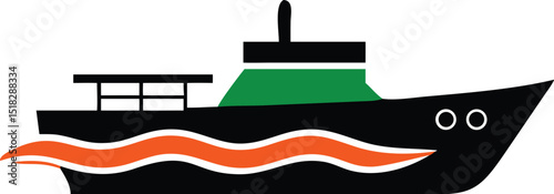 Black Cartoon Boat with Orange Waves and Green Deck on White Background Illustration
