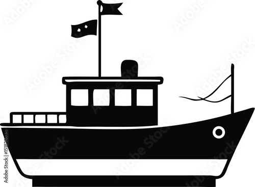 Stylized Black and White Boat Illustration with Cabin, Flags, and Fishing Rod Detail