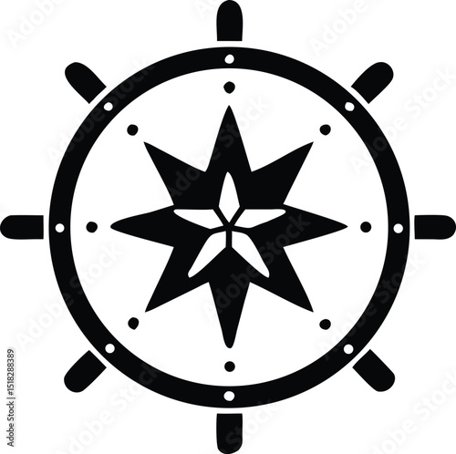 Black and White Nautical Wheel with a Centered Star in Minimalist Design