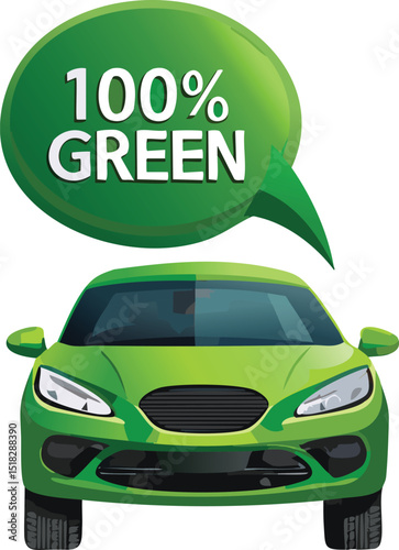 Electric Car with Speech Bubble Showing 100% Green – Sustainable Transportation Concept