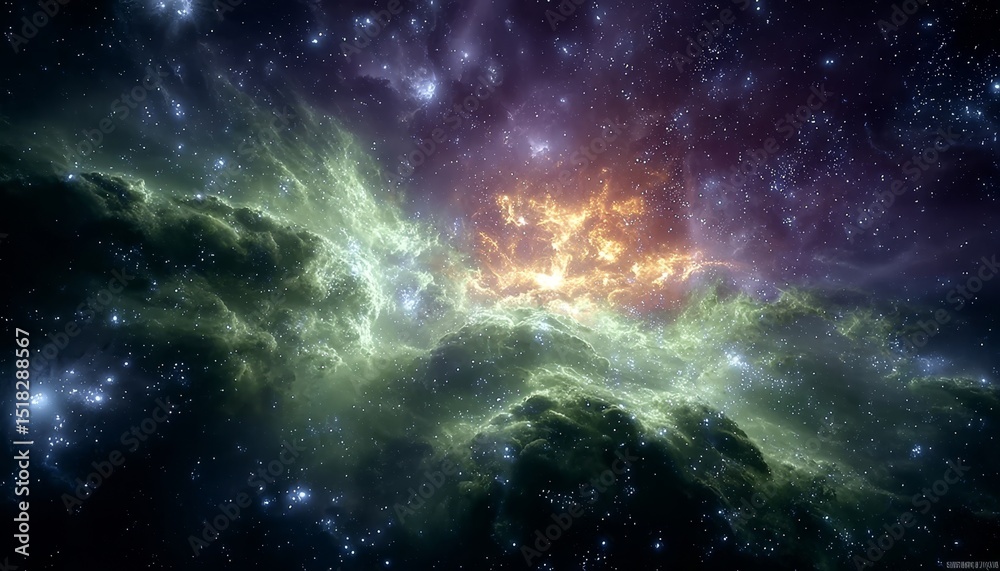 Celestial Tapestry A Cosmic Dance of Fiery Nebulae, Emerald Greens, and Twinkling Stars Celestial Tapestry A Cosmic Dance of Fiery Nebulae, Emerald Greens, and Twinkling Stars