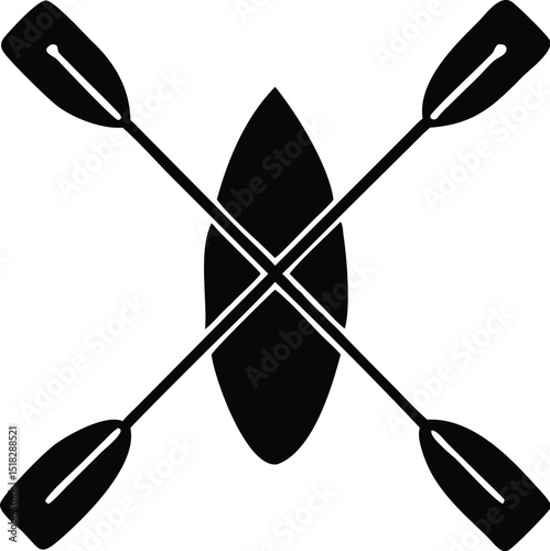 Black and White Kayak With Paddles Crossing for Watersports and Adventure Icon