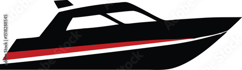 Black and Red Motorboat Illustration on White Background with Detailed Design Elements