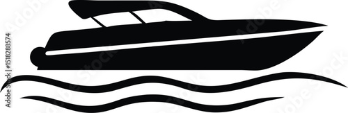 Sleek Black Motorboat Silhouette Gliding on Water Waves, Illustration Element