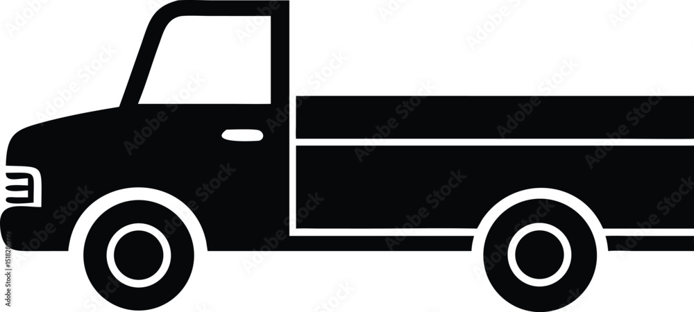 Black and White Icon of a Pickup Truck, Minimalist Car Illustration Style Black and White Icon of a Pickup Truck, Minimalist Car Illustration Style
