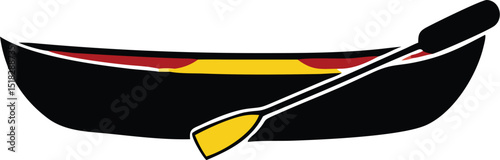 Simple Black Canoe with Yellow Paddle on White Background Illustration for Design