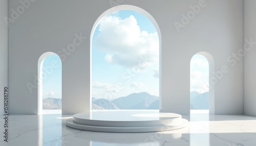 Minimalist white product podium studio room with arches. Abstract design with sky windows, minimalistic interior. 3D render, product placement, design concept, modern, contemporary, advertising space.