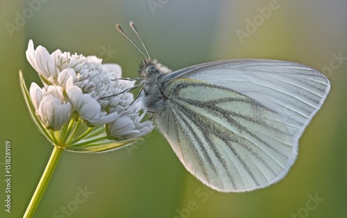 Close-up of a white butterfly perched on delicate flowers in lush grass, surrounded by vibrant green leaves. perfect for advertising creative design emphasizing nature, beauty, and ecological harmony.