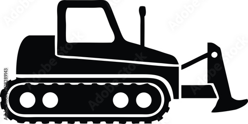 Black and White Illustration of a Heavy Machinery Bulldozer Tractor with Treaded Wheels