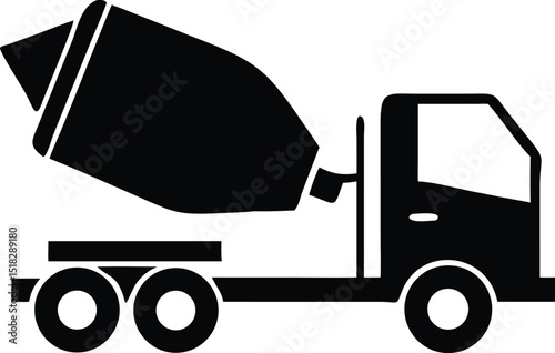 Black and White Silhouette Illustration of a Cement Mixer Truck with Three Axles