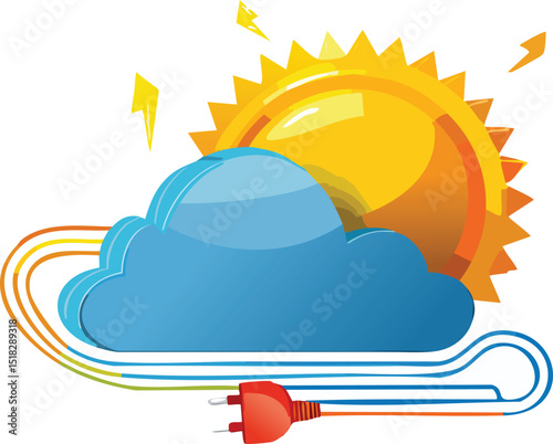 Floating Cloud with Plug, Sun, and Speech Lines – Renewable Energy Communication Concept