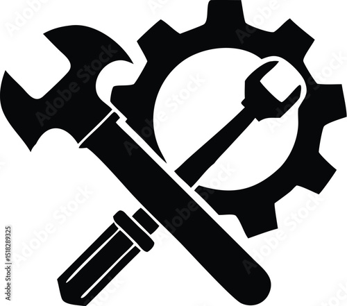Black and White Illustration of a Hammer, Wrench, and Gear Symbolizing Mechanical Work