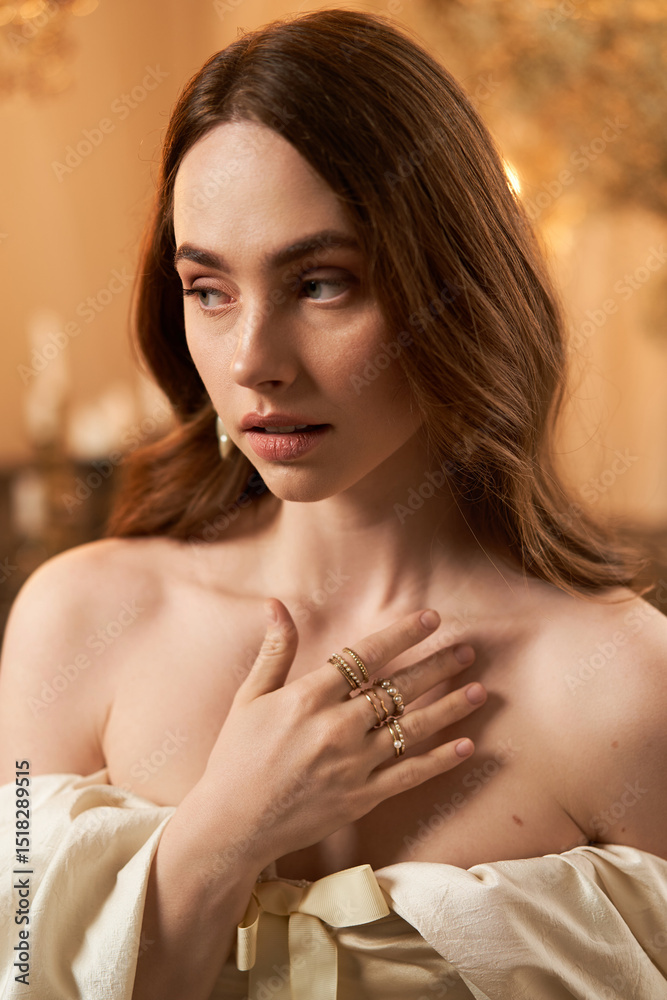 Naklejka premium Elegant young woman in vintage dress radiates blissful charm in a serene setting