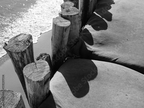 Po Delta. Volano beach, wooden poles and sandbags to prevent coastal erosion. Black and white photo.
