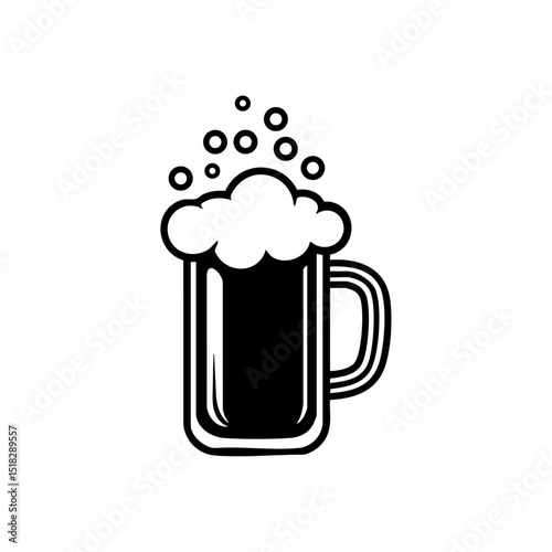 Minimalist black vector logo of a beer mug with frothy foam and rising bubbles.

