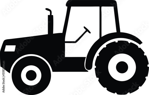 Black and White Tractor Silhouette Icon Farm Equipment, Agriculture Vehicle Illustration on White Background