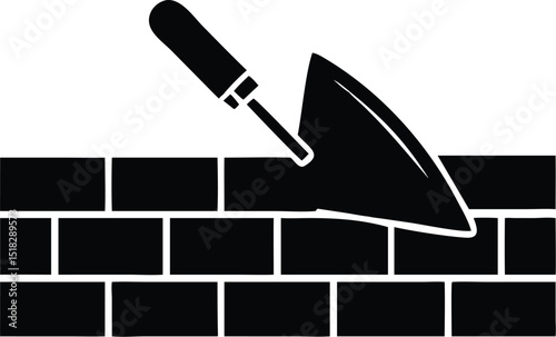 Illustration of a Trowel Laying Bricks in a Wall, Black and White Construction Icon