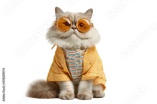 PNG Stylish cat in sunglasses and striped shirt with orange jacket