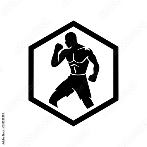 Black silhouette logo of a male boxer in a fighting stance inside a hexagon frame. Minimalist vector symbol representing combat sports, strength, and discipline.



