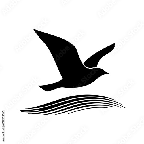 Minimalist black silhouette of a bird soaring above stylized waves or hills.

