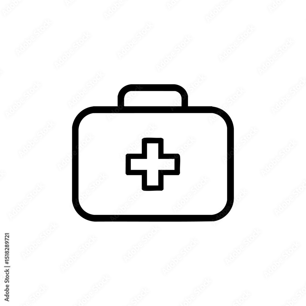Minimalist black vector logo of a first aid kit with a medical cross symbol at the center.
Minimalist black vector logo of a first aid kit with a medical cross symbol at the center.