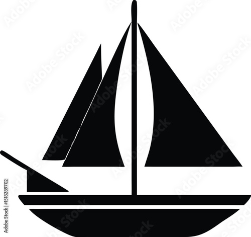 Black Silhouette of a Sailboat with Two Sails, Mast, and a Bowsprit on White