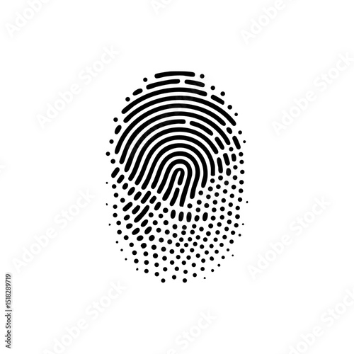 Black minimalist fingerprint vector with fading dot pattern, symbolizing identity and digital security.

