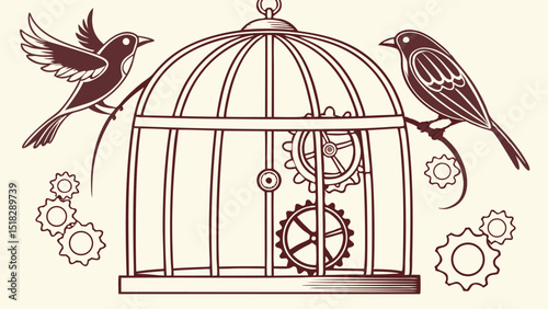 A steampunk inspired vector illustration featuring birds flying and perched with gear elements and cage against a transparent background