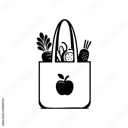 Simple vector icon of a reusable grocery bag filled with fresh vegetables and food items.

