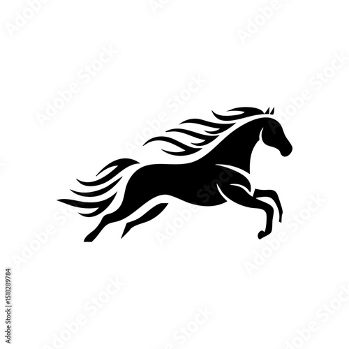 Dynamic black vector of a galloping horse with flowing mane, conveying speed and power.

