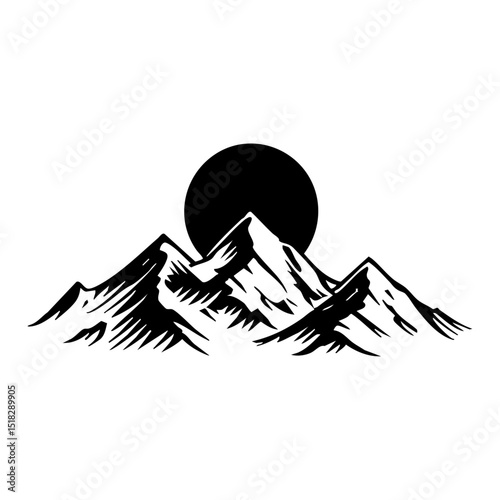 Vector logo of a mountain range with sun above, symbolizing nature, travel, and adventure.

