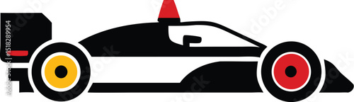 Illustrated Black and White Formula One Racecar with Red and Yellow Wheel Accents