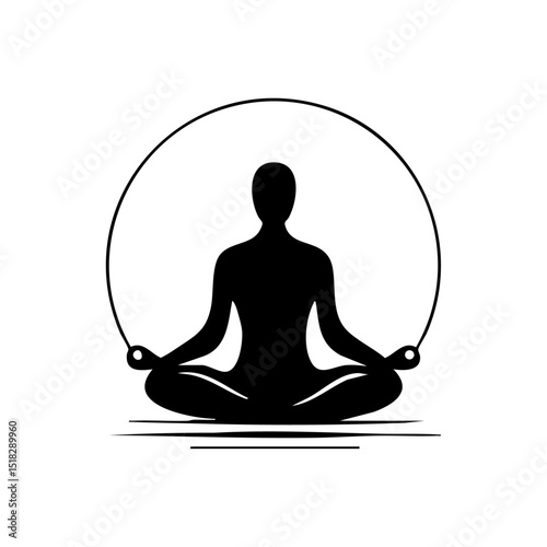 Clean and simple vector logo of a person meditating in lotus position encircled by a ring, expressing mindfulness and unity.


