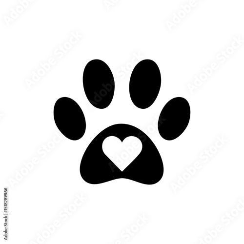 Vector silhouette of a paw print with heart shape in the center, representing love for animals and pets.

