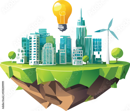 Floating Eco City with Idea Bulb and Cloud Chat Bubbles – Smart Green Innovation Concept