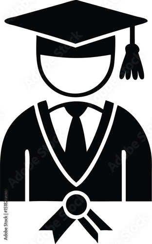 Black and White Icon Graduation Cap, Gown, Diploma, Achievement Illustration Isolated