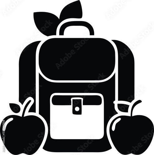 Black and White Backpack with Apples and Leaves, Back to School Concept