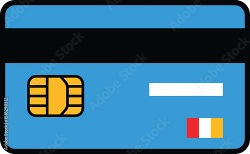 A blue credit card with a black magnetic strip a gold chip a white signature panel and a multicolored logo