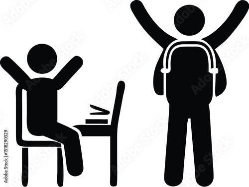Two Stick Figures with Raised Arms One Seated at Desk, One with Backpack
