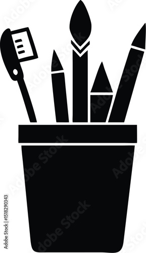Black and White Illustration of a Pen Holder with Various Writing Utensils Inside