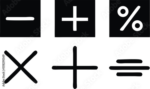 Black and White Mathematical Symbols Including Addition, Subtraction, Multiplication, Percentage, and Equal Signs